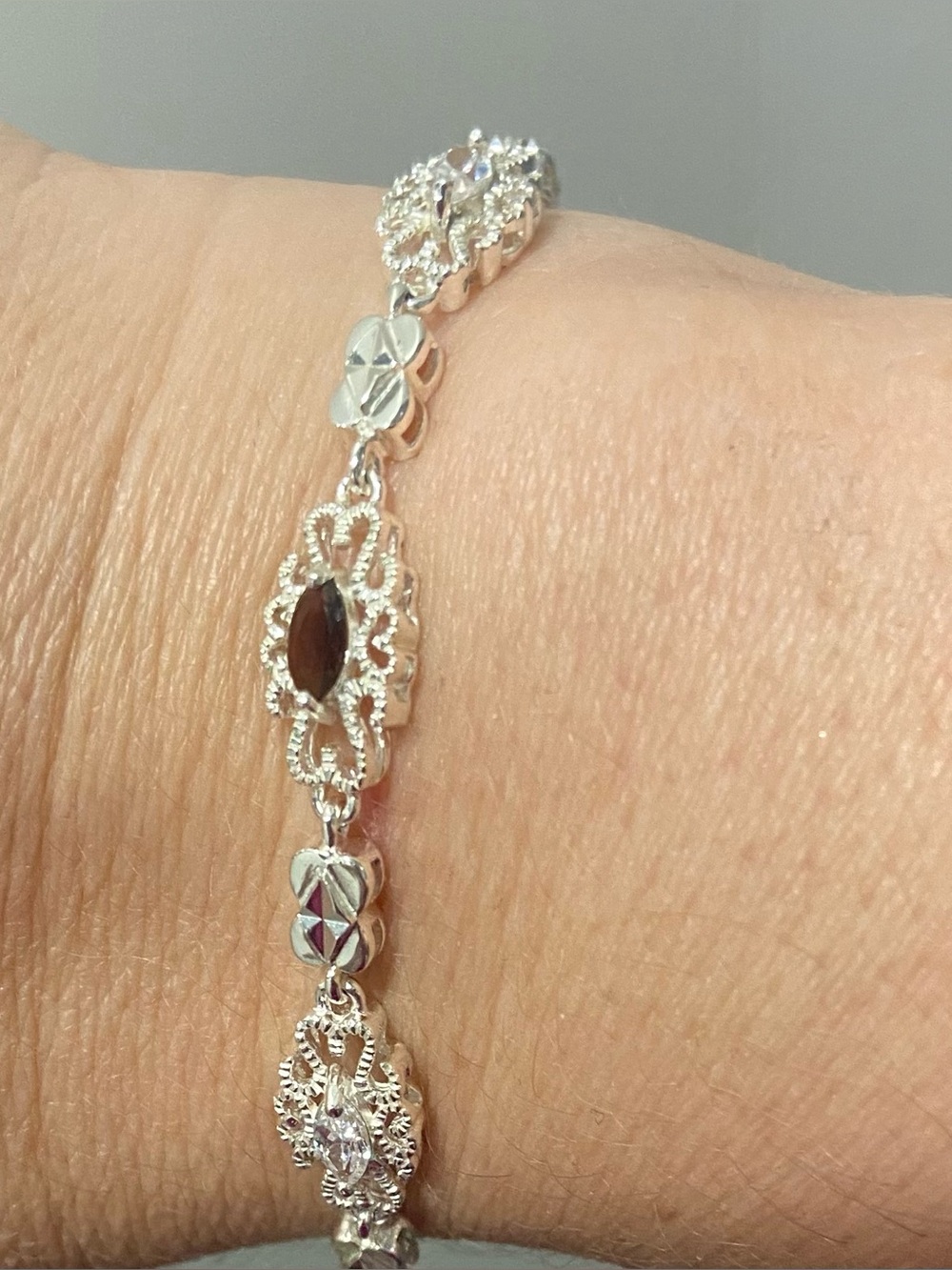 Silver Garnet Accent Filigree Bracelet